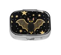 Square Round Pill Case Black Gloden Bat Pill Box Daily 2 Compartment Travel Pill Container for Pocket Purse Portable Medicine Cod Liver Oil Storage Box 2 Times a Day Pill Organizer