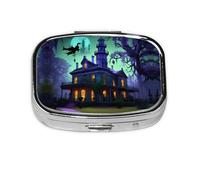 Square Round Pill Case Black Haunted Mansion Pill Box Daily 2 Compartment Travel Pill Container for Pocket Purse Portable Medicine Cod Liver Oil Storage Box 2 Times a Day Pill Organizer