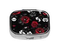 Square Round Pill Case Black White and Red Roses Pill Box Daily 2 Compartment Travel Pill Container for Pocket Purse Portable Medicine Cod Liver Oil Storage Box 2 Times a Day Pill Organizer