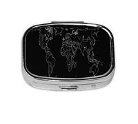 Square Round Pill Case Black World Map Pill Box Daily 2 Compartment Travel Pill Container for Pocket Purse Portable Medicine Cod Liver Oil Storage Box 2 Times a Day Pill Organizer