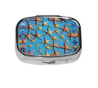 Square Round Pill Case Blue Background with Many Starfish Pill Box Daily 2 Compartment Travel Pill Container for Pocket Purse Portable Medicine Cod Liver Oil Storage Box 2 Times a Day Pill Organizer