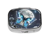Square Round Pill Case Blue Butterfly and Moon Pill Box Daily 2 Compartment Travel Pill Container for Pocket Purse Portable Medicine Cod Liver Oil Storage Box 2 Times a Day Pill Organizer