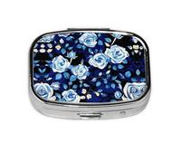 Square Round Pill Case Blue Flower Pattern Roses Pill Box Daily 2 Compartment Travel Pill Container for Pocket Purse Portable Medicine Cod Liver Oil Storage Box 2 Times a Day Pill Organizer