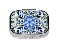 Square Round Pill Case Blue Folk Art Pill Box Daily 2 Compartment Travel Pill Container for Pocket Purse Portable Medicine Cod Liver Oil Storage Box 2 Times a Day Pill Organizer