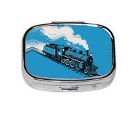 Square Round Pill Case Blue Steam Train Pill Box Daily 2 Compartment Travel Pill Container for Pocket Purse Portable Medicine Cod Liver Oil Storage Box 2 Times a Day Pill Organizer