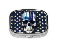 Square Round Pill Case Blue Stripe Stars Skull Pill Box Daily 2 Compartment Travel Pill Container for Pocket Purse Portable Medicine Cod Liver Oil Storage Box 2 Times a Day Pill Organizer