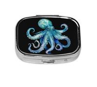 Square Round Pill Case Blue Watercolor Octopus Pill Box Daily 2 Compartment Travel Pill Container for Pocket Purse Portable Medicine Cod Liver Oil Storage Box 2 Times a Day Pill Organizer