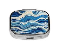 Square Round Pill Case Blue Wave Painting Pill Box Daily 2 Compartment Travel Pill Container for Pocket Purse Portable Medicine Cod Liver Oil Storage Box 2 Times a Day Pill Organizer