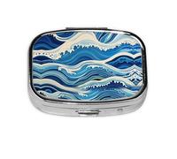 Square Round Pill Case Blue Wave Painting Pill Box Daily 2 Compartment Travel Pill Container for Pocket Purse Portable Medicine Cod Liver Oil Storage Box 2 Times a Day Pill Organizer