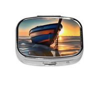 Square Round Pill Case Boat Beach Sunrise Time Nautical Pill Box Daily 2 Compartment Travel Pill Container for Pocket Purse Portable Medicine Cod Liver Oil Storage Box 2 Times a Day Pill Organizer