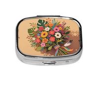 Square Round Pill Case Boho Leaf Floral Pill Box Daily 2 Compartment Travel Pill Container for Pocket Purse Portable Medicine Cod Liver Oil Storage Box 2 Times a Day Pill Organizer