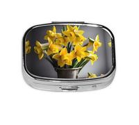 Square Round Pill Case Bouquet of Daffodils Pill Box Daily 2 Compartment Travel Pill Container for Pocket Purse Portable Medicine Cod Liver Oil Storage Box 2 Times a Day Pill Organizer