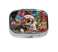 Square Round Pill Case Butterfly Skull Hippie 2 Compartment Diary Travel Pill Container for Pocket Wallet Storage Box