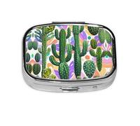 Square Round Pill Case Cactus and Other Patterns Pill Box Daily 2 Compartment Travel Pill Container for Pocket Purse Portable Medicine Cod Liver Oil Storage Box 2 Times a Day Pill Organizer