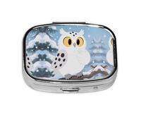 Square Round Pill Case Cartoon Owl Snow Pill Box Daily 2 Compartment Travel Pill Container for Pocket Purse Portable Medicine Cod Liver Oil Storage Box 2 Times a Day Pill Organizer