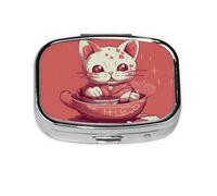 Square Round Pill Case Cat Eats Soup Pill Box Daily 2 Compartment Travel Pill Container for Pocket Purse Portable Medicine Cod Liver Oil Storage Box 2 Times a Day Pill Organizer