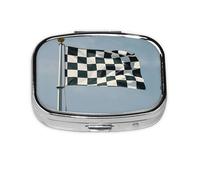 Square Round Pill Case Checkered Flag Racing Pill Box Daily 2 Compartment Travel Pill Container for Pocket Purse Portable Medicine Cod Liver Oil Storage Box 2 Times a Day Pill Organizer