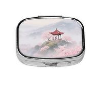 Square Round Pill Case Cherry Blossom Mountain Pill Box Daily 2 Compartment Travel Pill Container for Pocket Purse Portable Medicine Cod Liver Oil Storage Box 2 Times a Day Pill Organizer