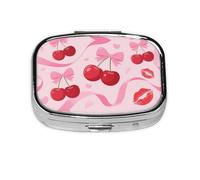 Square Round Pill Case Cherry Pink Bow with Red Lips Pill Box Daily 2 Compartment Travel Pill Container for Pocket Purse Portable Medicine Cod Liver Oil Storage Box 2 Times a Day Pill Organizer