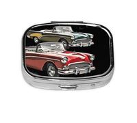 Square Round Pill Case Classic Car Roadsters Old Fashioned Pill Box Daily 2 Compartment Travel Pill Container for Pocket Purse Portable Medicine Cod Liver Oil Storage Box 2 Times a Day Pill Organizer
