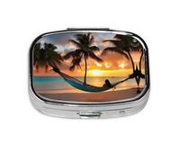 Square Round Pill Case Coconut Beach Sunset Hammock Pill Box Daily 2 Compartment Travel Pill Container for Pocket Purse Portable Medicine Cod Liver Oil Storage Box 2 Times a Day Pill Organizer