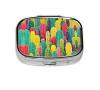 Square Round Pill Case Colorful Cactus Pattern Daily 2 Compartments Travel Pill Container for Pocket Wallet Portable Oil Storage Box
