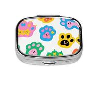Square Round Pill Case Colorful Doodle Cute Daily Paw Print 2 Compartment Travel Pill Container for Pocket Wallet Storage Box