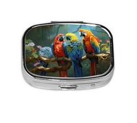 Square Round Pill Case Colorful Parrot Birds Pill Box Daily 2 Compartment Travel Pill Container for Pocket Purse Portable Medicine Cod Liver Oil Storage Box 2 Times a Day Pill Organizer