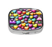 Square Round Pill Case Colorful Rainbow Hearts Pill Box Daily 2 Compartment Travel Pill Container for Pocket Purse Portable Medicine Cod Liver Oil Storage Box 2 Times a Day Pill Organizer