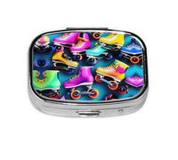 Square Round Pill Case Colorful Roller Skates Pill Box Daily 2 Compartment Travel Pill Container for Pocket Purse Portable Medicine Cod Liver Oil Storage Box 2 Times a Day Pill Organizer