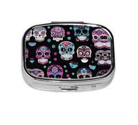 Square Round Pill Case Colorful Skulls Print Pill Box Daily 2 Compartment Travel Pill Container for Pocket Purse Portable Medicine Cod Liver Oil Storage Box 2 Times a Day Pill Organizer
