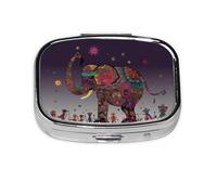 Square Round Pill Case Colorful Tribal Floral Elephant Pill Box Daily 2 Compartment Travel Pill Container for Pocket Purse Portable Medicine Cod Liver Oil Storage Box 2 Times a Day Pill Organizer