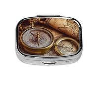 Square Round Pill Case Compass and Old World Map Pill Box Daily 2 Compartment Travel Pill Container for Pocket Purse Portable Medicine Cod Liver Oil Storage Box 2 Times a Day Pill Organizer