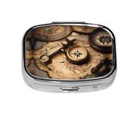Square Round Pill Case Compass and Old World Map Pill Box Daily 2 Compartment Travel Pill Container for Pocket Purse Portable Medicine Cod Liver Oil Storage Box 2 Times a Day Pill Organizer