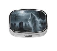 Square Round Pill Case Cool Halloween Ghost Pill Box Daily 2 Compartment Travel Pill Container for Pocket Purse Portable Medicine Cod Liver Oil Storage Box 2 Times a Day Pill Organizer