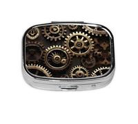Square Round Pill Case Cool Steampunk Gears Pill Box Daily 2 Compartment Travel Pill Container for Pocket Purse Portable Medicine Cod Liver Oil Storage Box 2 Times a Day Pill Organizer