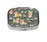 Square Round Pill Case Corgi Floral Flowers Pill Box Daily 2 Compartment Travel Pill Container for Pocket Purse Portable Medicine Cod Liver Oil Storage Box 2 Times a Day Pill Organizer