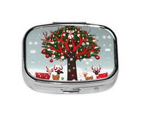 Square Round Pill Case Cow Deer Trees Christmas Pill Box Daily 2 Compartment Travel Pill Container for Pocket Purse Portable Medicine Cod Liver Oil Storage Box 2 Times a Day Pill Organizer