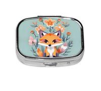 Square Round Pill Case Cute Animal Fox Flowers Pill Box Daily 2 Compartment Travel Pill Container for Pocket Purse Portable Medicine Cod Liver Oil Storage Box 2 Times a Day Pill Organizer