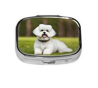 Square Round Pill Case Cute Bichon Frise Dog Pill Box Daily 2 Compartment Travel Pill Container for Pocket Purse Portable Medicine Cod Liver Oil Storage Box 2 Times a Day Pill Organizer