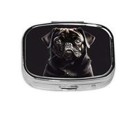 Square Round Pill Case Cute Black Pug Dog Pill Box Daily 2 Compartment Travel Pill Container for Pocket Purse Portable Medicine Cod Liver Oil Storage Box 2 Times a Day Pill Organizer