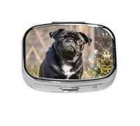Square Round Pill Case Cute Black Pug Dog Pill Box Daily 2 Compartment Travel Pill Container for Pocket Purse Portable Medicine Cod Liver Oil Storage Box 2 Times a Day Pill Organizer