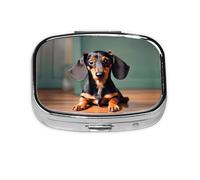 Square Round Pill Case Cute Dachshund Duggee Pill Box Daily 2 Compartment Travel Pill Container for Pocket Purse Portable Medicine Cod Liver Oil Storage Box 2 Times a Day Pill Organizer
