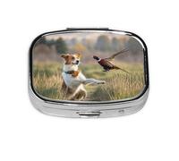 Square Round Pill Case Dog Catching Pheasant Pill Box Daily 2 Compartment Travel Pill Container for Pocket Purse Portable Medicine Cod Liver Oil Storage Box 2 Times a Day Pill Organizer