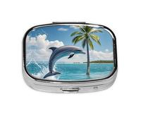 Square Round Pill Case Dolphins and Palm Trees Pill Box Daily 2 Compartment Travel Pill Container for Pocket Purse Portable Medicine Cod Liver Oil Storage Box 2 Times a Day Pill Organizer