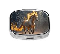 Square Round Pill Case Flame Horse Pill Box Daily 2 Compartment Travel Pill Container for Pocket Purse Portable Medicine Cod Liver Oil Storage Box 2 Times a Day Pill Organizer