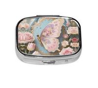 Square Round Pill Case Floral Butterfly Pill Box Daily 2 Compartment Travel Pill Container for Pocket Purse Portable Medicine Cod Liver Oil Storage Box 2 Times a Day Pill Organizer