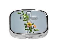 Square Round Pill Case Flower Branches on the Cross Pill Box Daily 2 Compartment Travel Pill Container for Pocket Purse Portable Medicine Cod Liver Oil Storage Box 2 Times a Day Pill Organizer