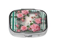 Square Round Pill Case Frame with Pink Roses Pill Box Daily 2 Compartment Travel Pill Container for Pocket Purse Portable Medicine Cod Liver Oil Storage Box 2 Times a Day Pill Organizer