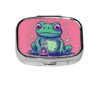 Square Round Pill Case Frog Staring at Bottle Pill Box Daily 2 Compartment Travel Pill Container for Pocket Purse Portable Medicine Cod Liver Oil Storage Box 2 Times a Day Pill Organizer